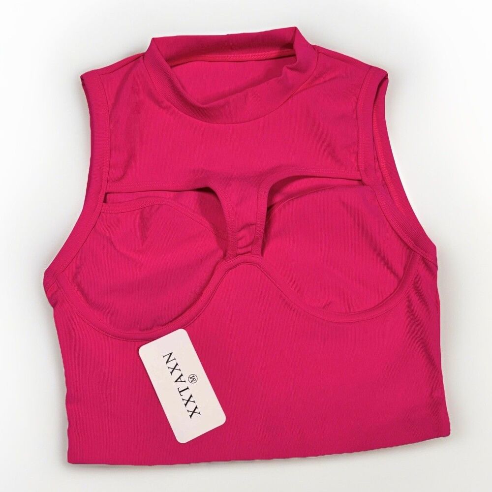 Rose Pink Ribbed Tank Crop Top Y2K Night Out Sleeveless Summer Womens M Festival